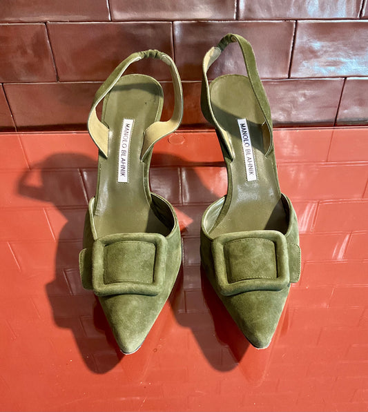 Manolo Blahnik Green Seude Heels 41