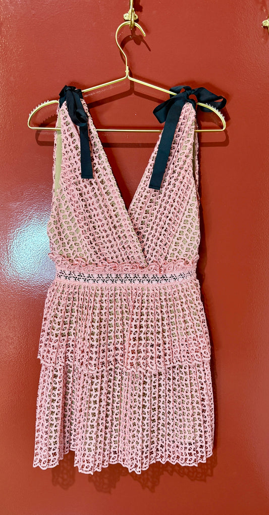 Self Portrait Peach Lace Dress Black Bows At Shoulder 4
