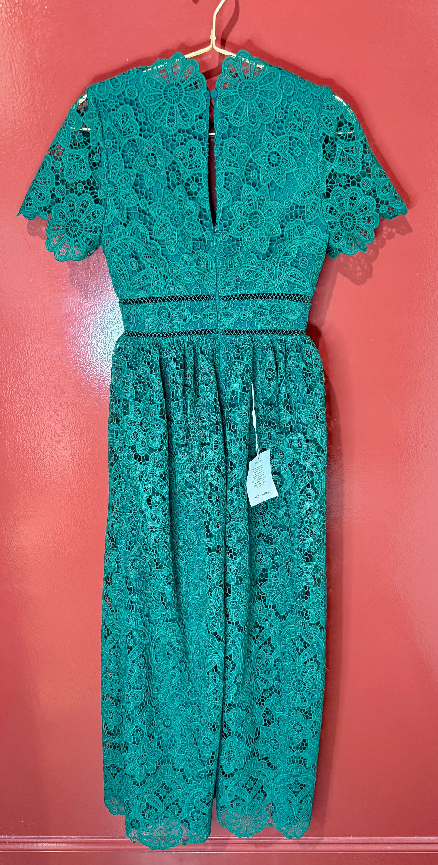 Self Portrait Dark Green Floral Guipure Maxi Dress
