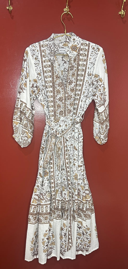Sue Sartor White/Brown Tiger Lily Dress M
