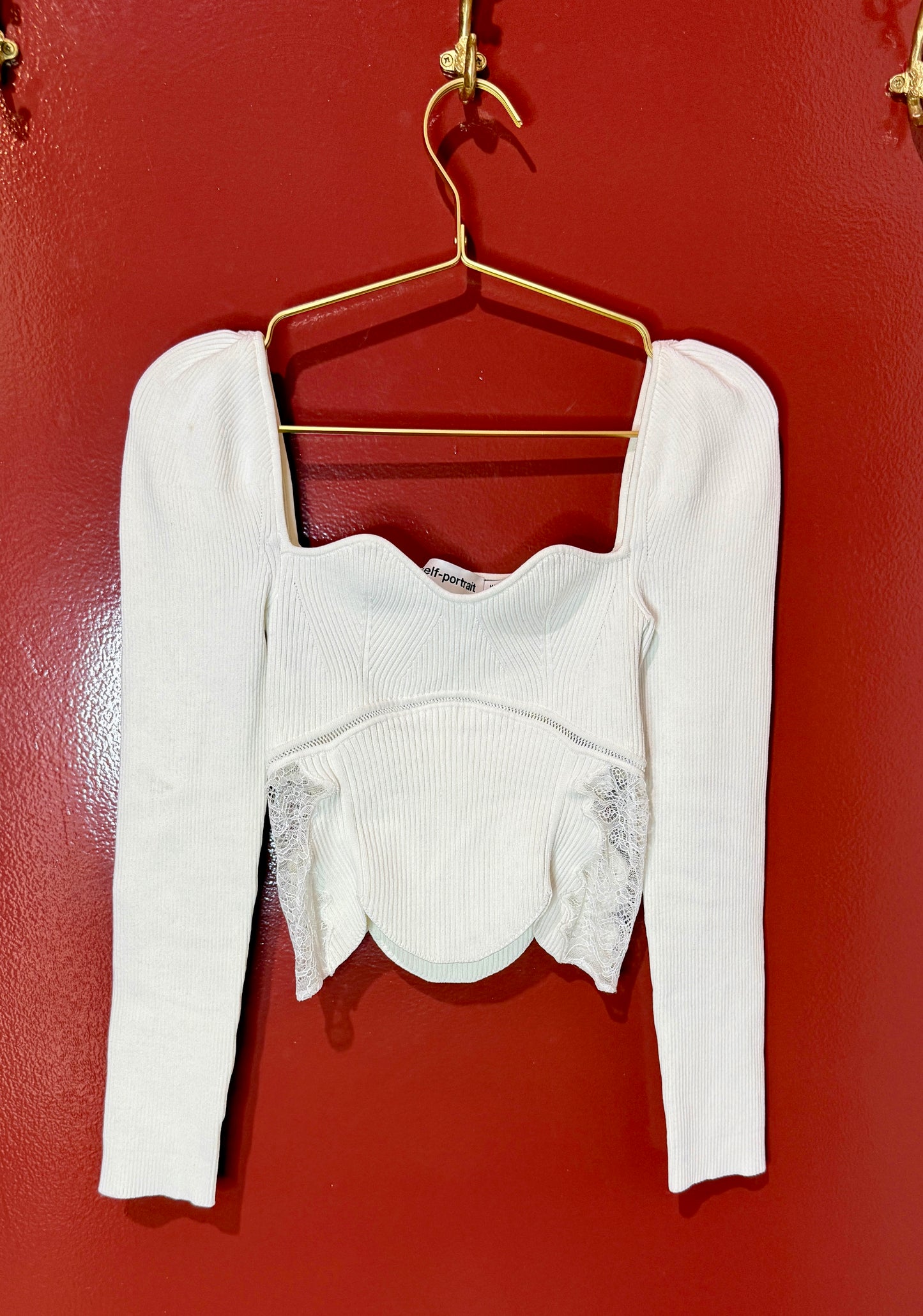 Self Portrait Ivory Knit & Lace Crop Top M