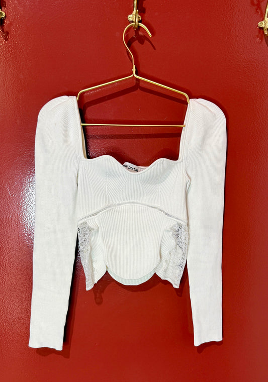Self Portrait Ivory Knit & Lace Crop Top M