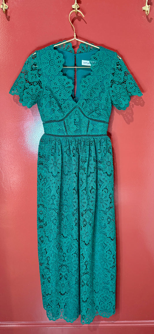 Self Portrait Dark Green Floral Guipure Maxi Dress
