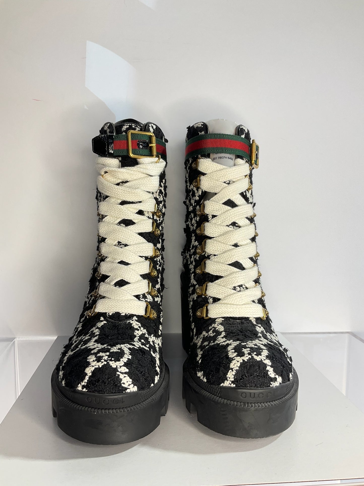 Gucci tweed feline heads combat boots 9.5