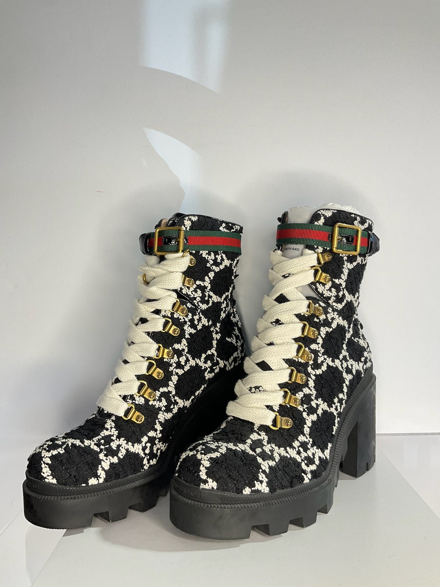 Gucci tweed feline heads combat boots 9.5