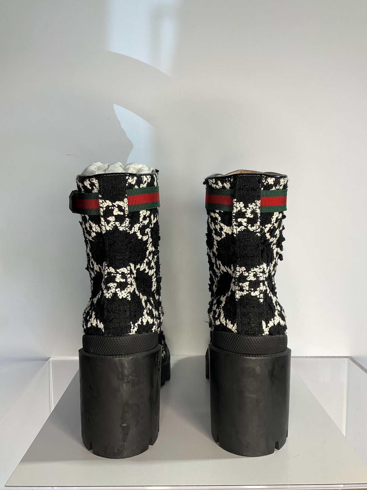 Gucci tweed feline heads combat boots 9.5