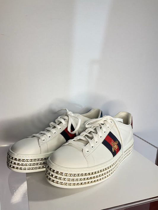 Gucci White Leather Crystal Studded Ace Lace 38.5