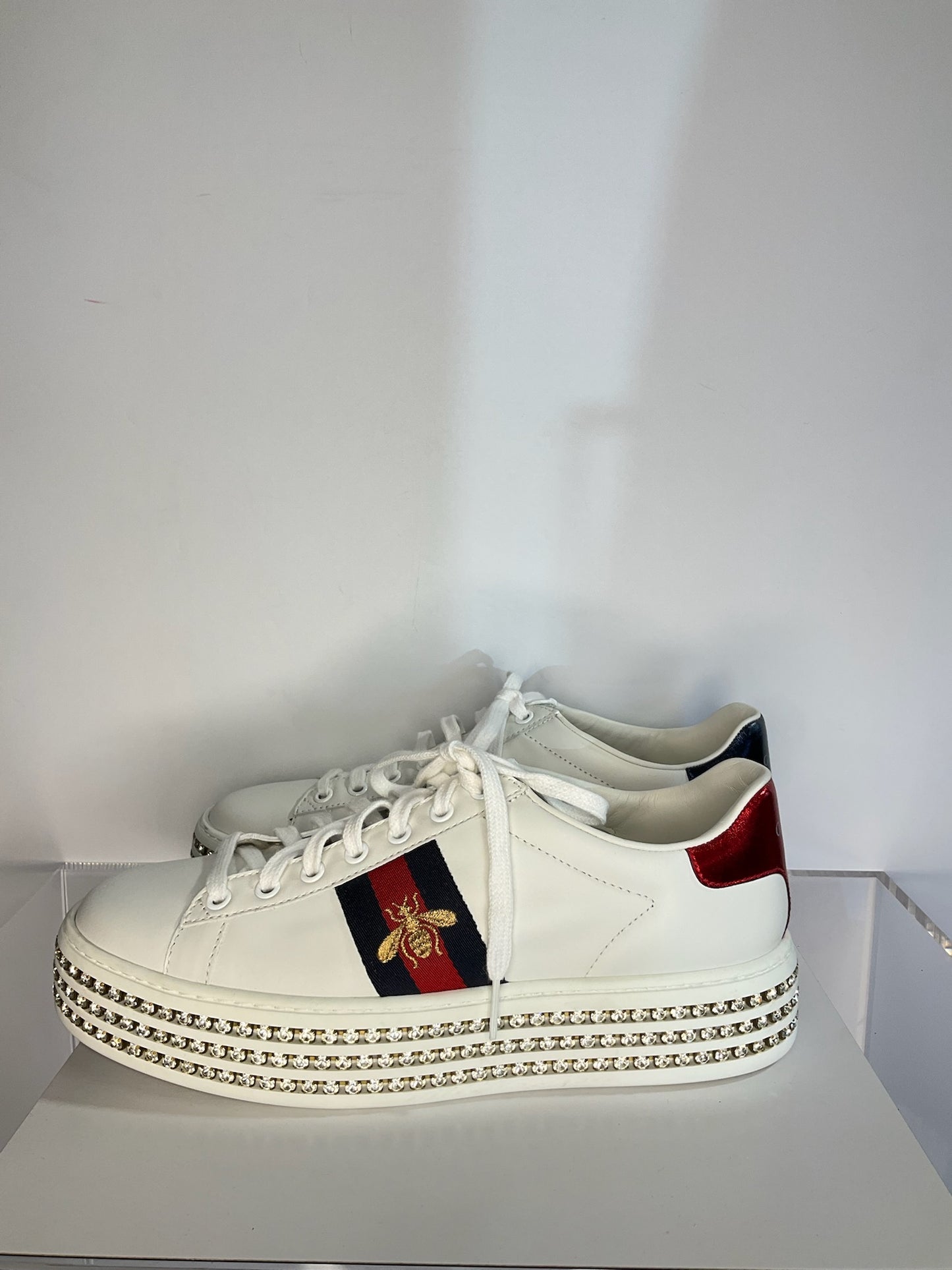 Gucci White Leather Crystal Studded Ace Lace 38.5