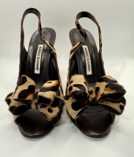 Manolo Blahnik Peep Toe Leopard Heels 37 1/2