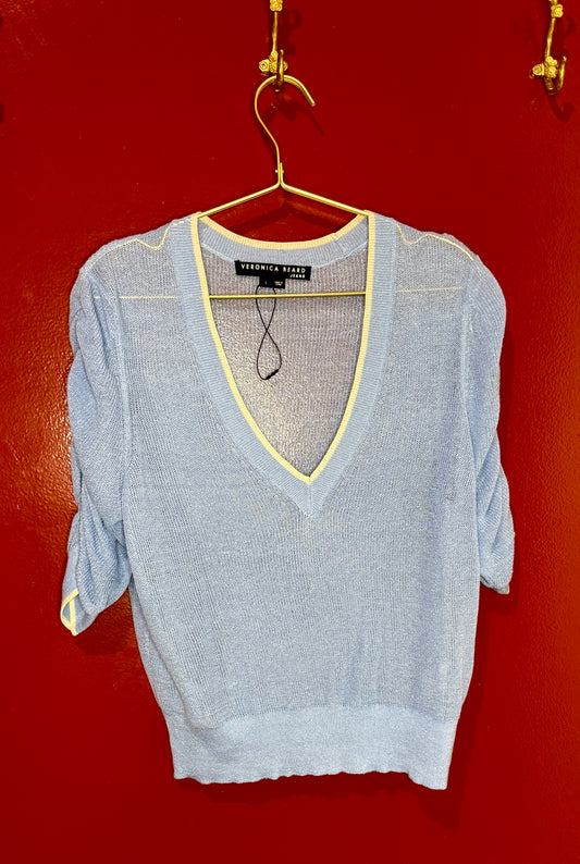 Veronica Beard Sheer Blue Knit Top with Cream Trim L