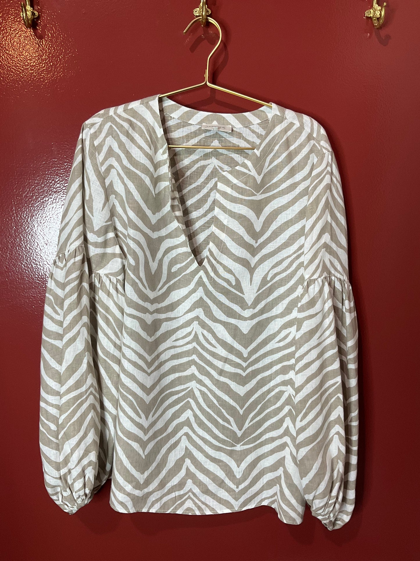 Lafayette 148 Taupe Zebra Bracelet Sleeve Popover Blouse XL