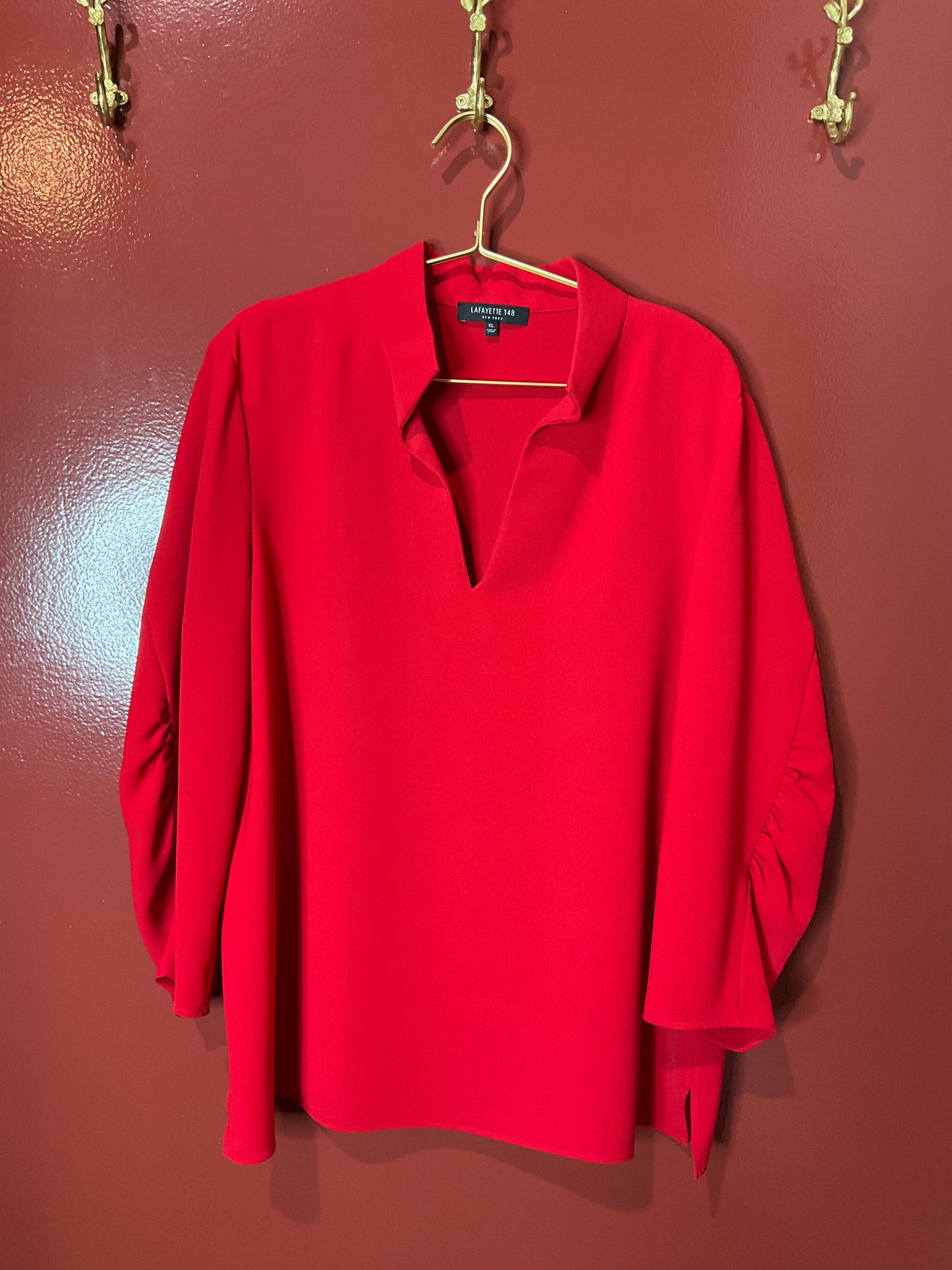 Lafayette 148 Red Bracelet Sleeve Popover Blouse XL