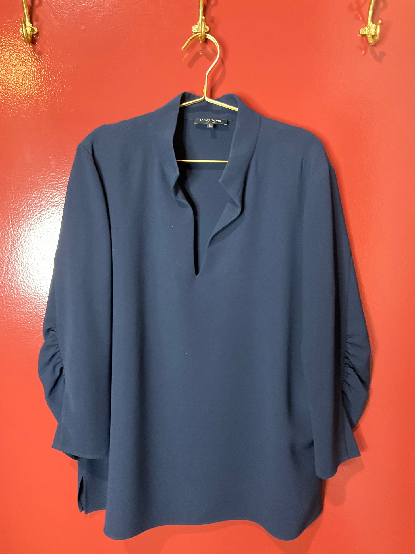 Lafayette 148 Navy Bracelet Sleeve Popover Blouse XL