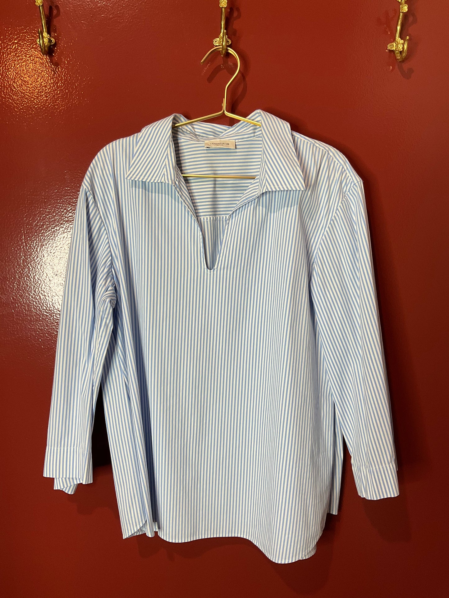 Lafayette 148 Blue/White Stripped Bracelet Sleeve Popover Blouse XL