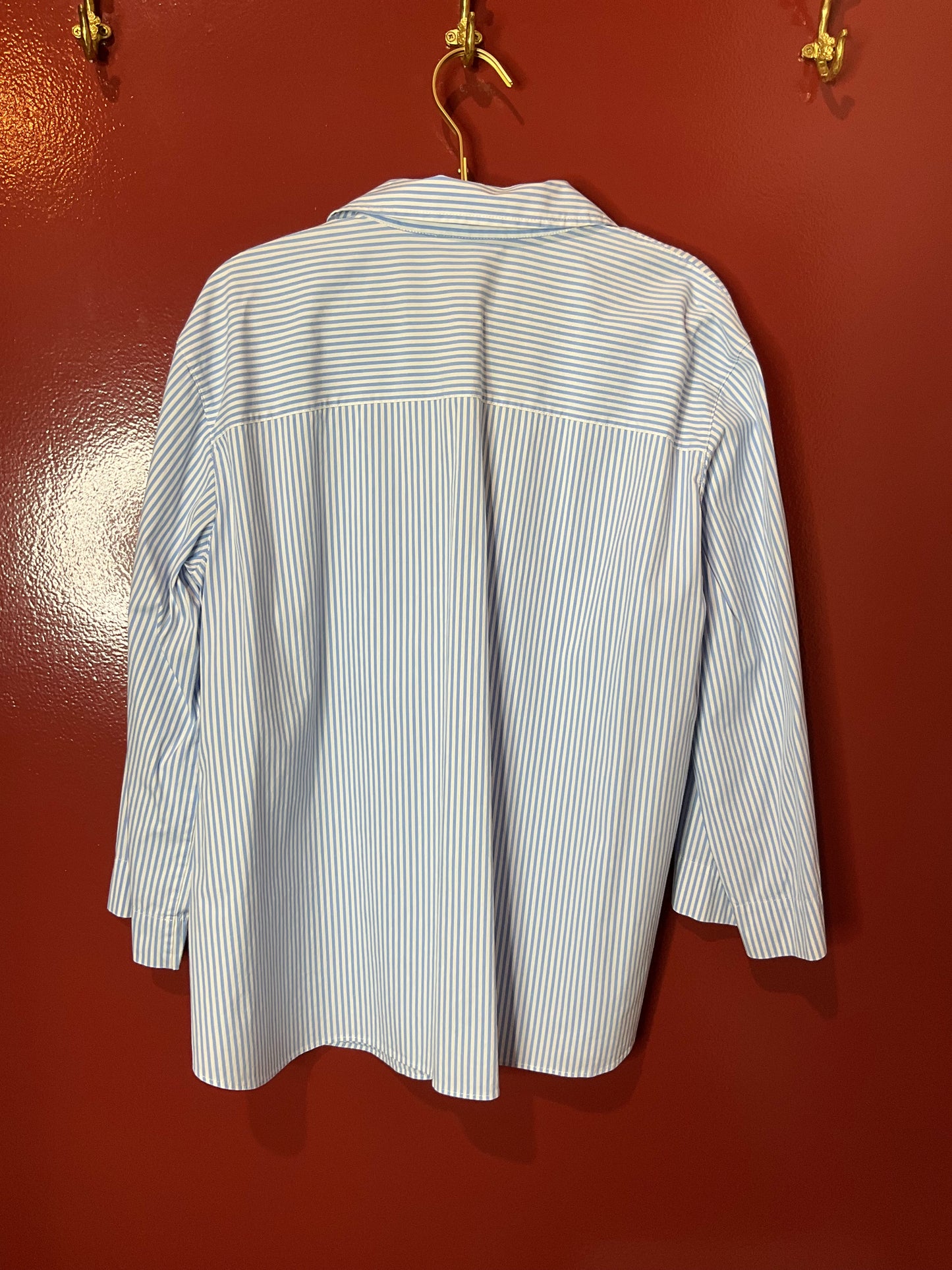 Lafayette 148 Blue/White Stripped Bracelet Sleeve Popover Blouse XL