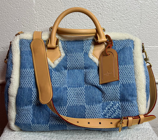 Louis Vuitton Denim Damier Speedy 40 Bandouliere w/ Shearling/Leather Trim