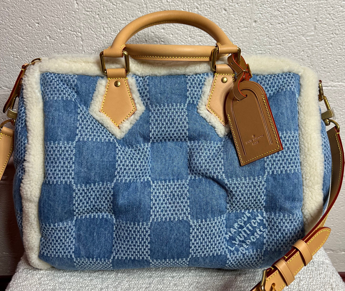 Louis Vuitton Denim Damier Speedy 40 Bandouliere w/ Shearling/Leather Trim