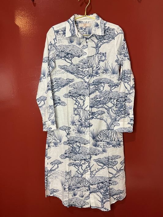 Las Surenas Blue/White Animal Button Down Shirt Dress XS