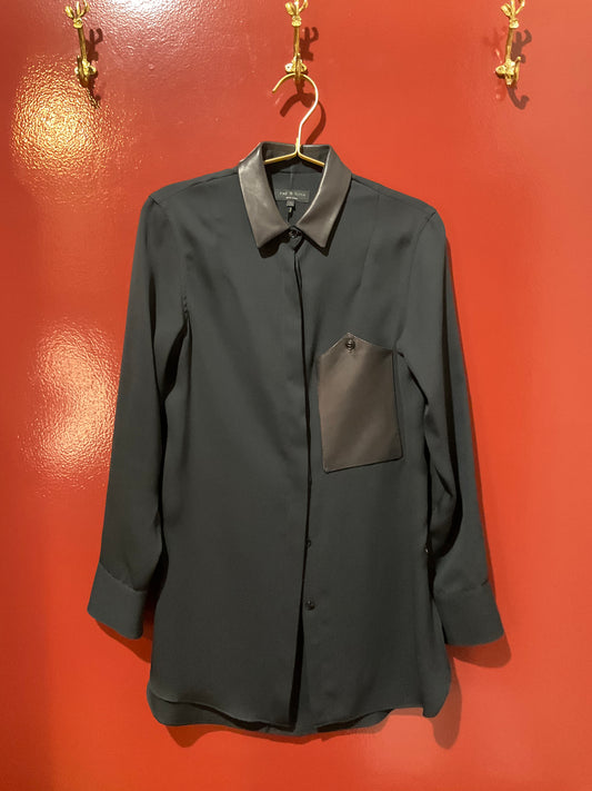 Rag & Bone Black Button Shirt Leather Collar XS