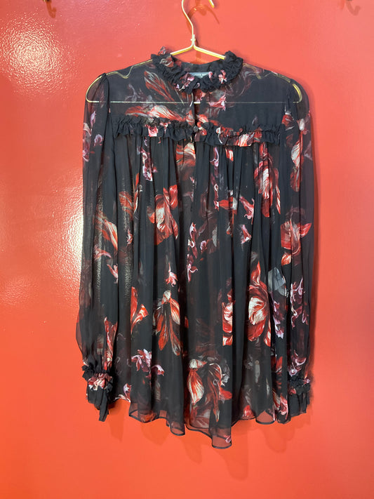 Alexander McQueen Black Floral Sheer Blouse with Ruffle 40