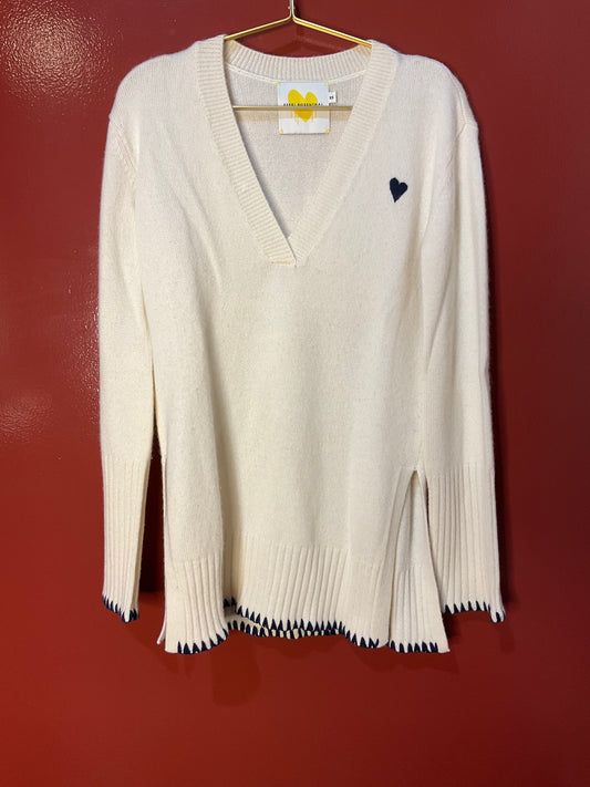 Kerri Rosenthal Cream Cashmere Sweater with Navy Trim XS