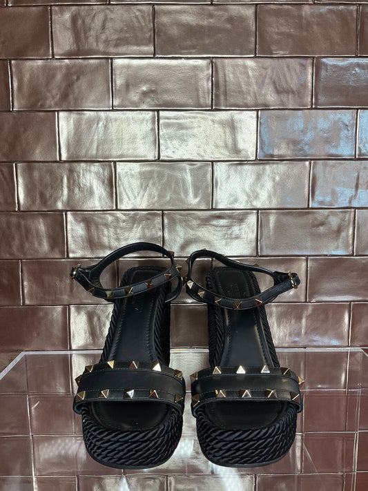 Valentino Rockstud Torchon Black Rope Wedges 38