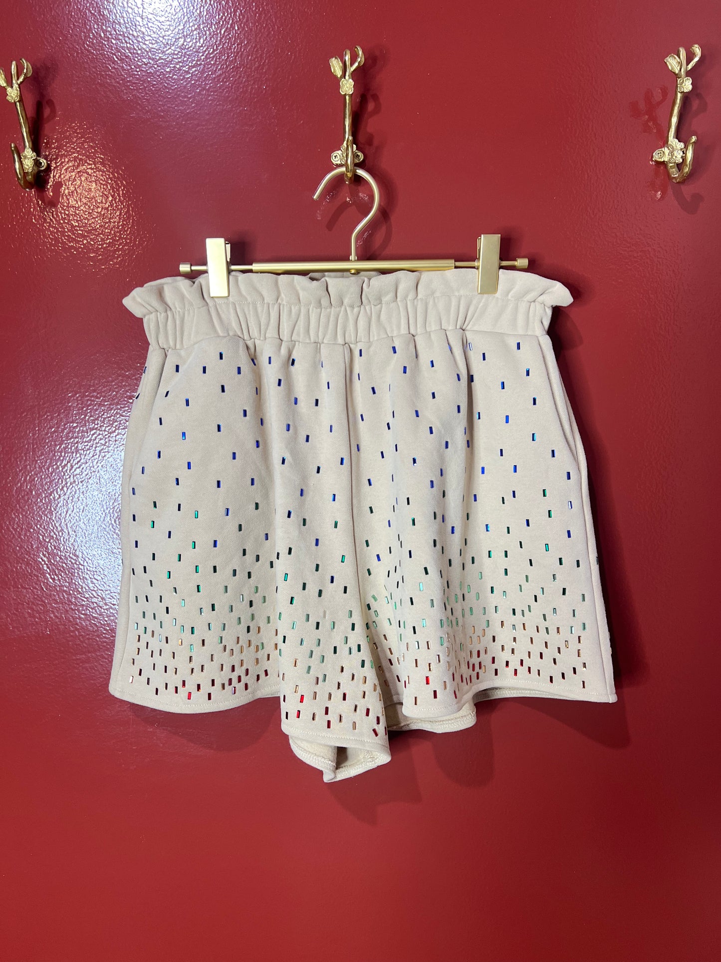 Queen of Sparkles Beige Rainbow Rhinestone Shorts M