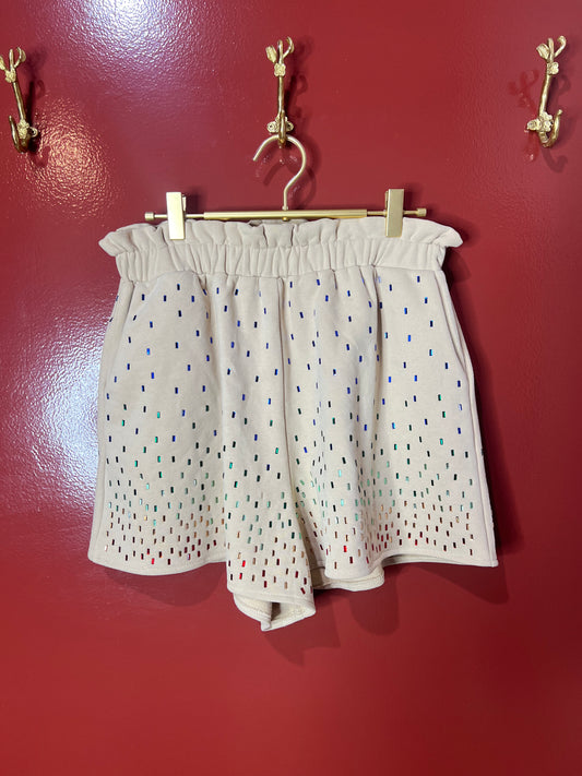 Queen of Sparkles Beige Rainbow Rhinestone Shorts M