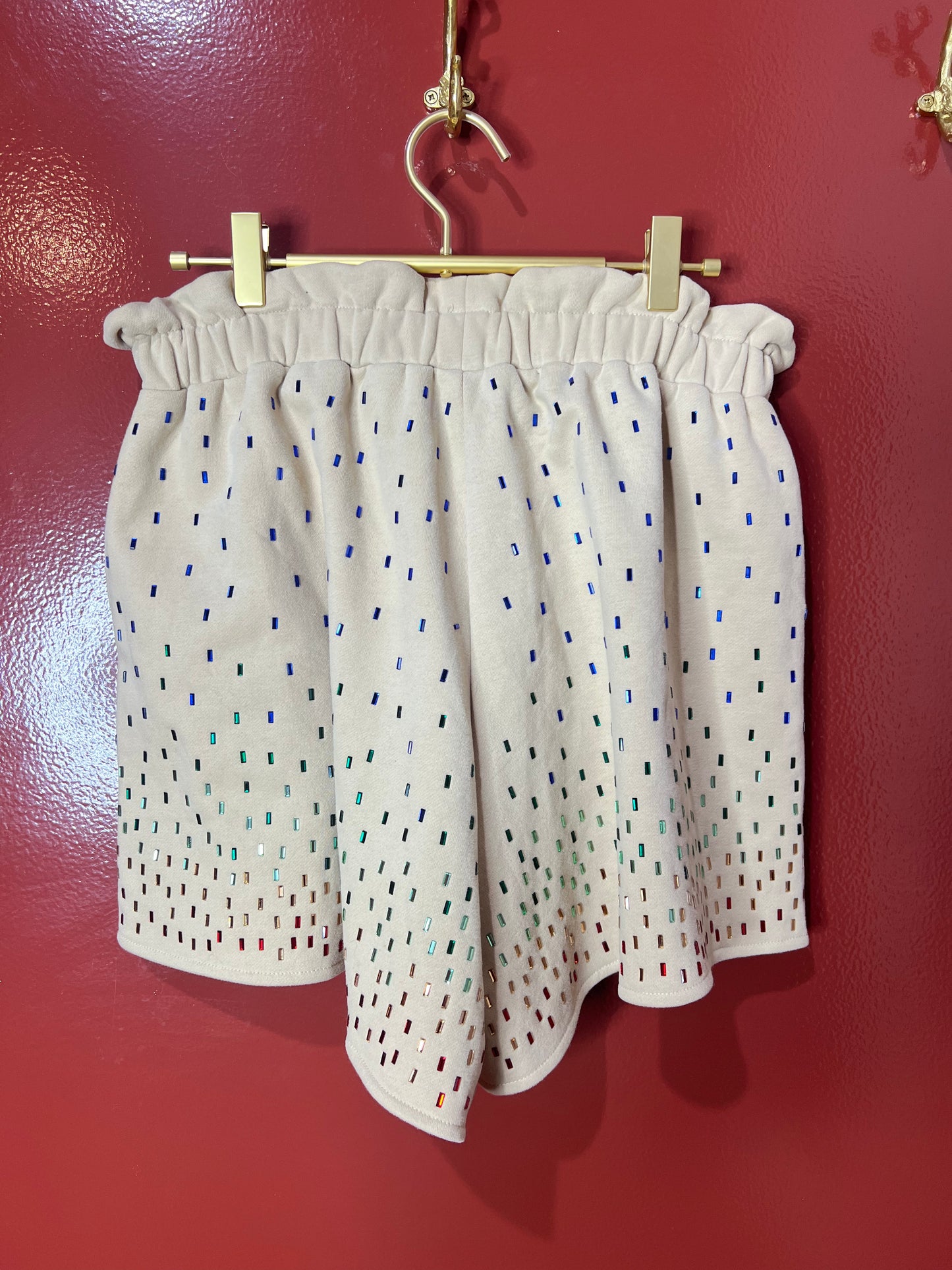 Queen of Sparkles Beige Rainbow Rhinestone Shorts M