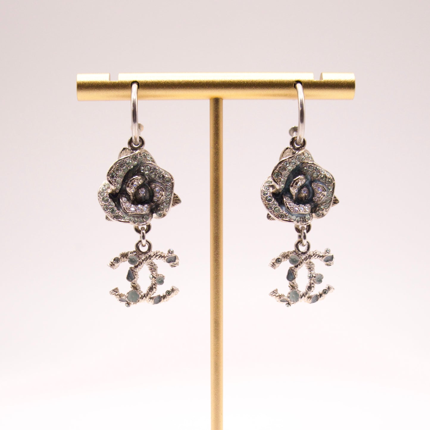 Chanel Silver Rose CC Dangle Earrings