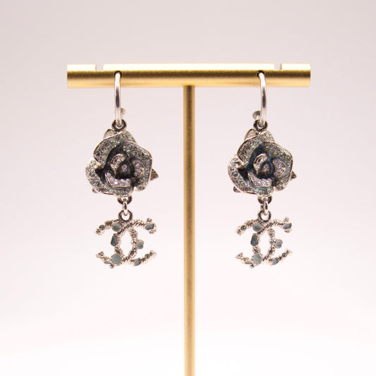 Chanel Silver Rose CC Dangle Earrings