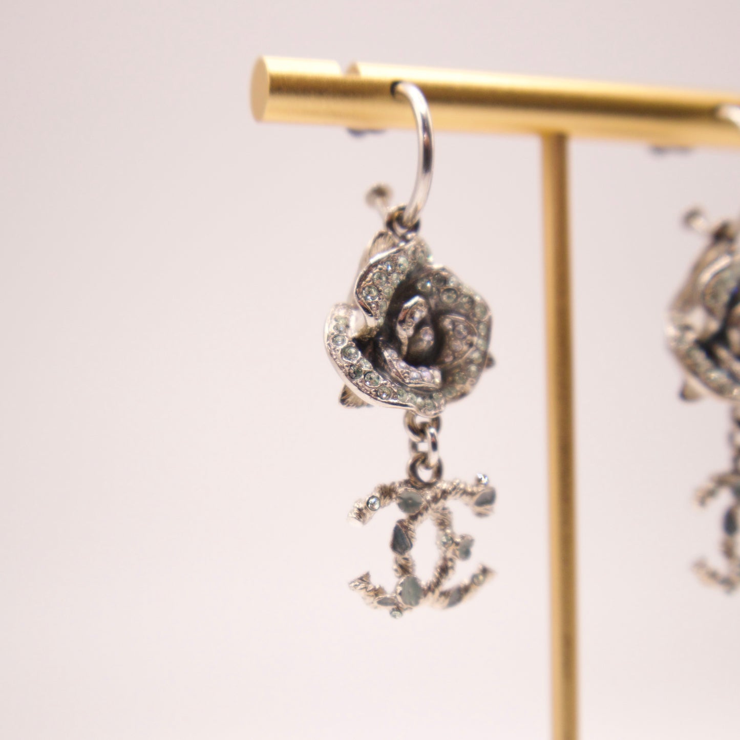 Chanel Silver Rose CC Dangle Earrings