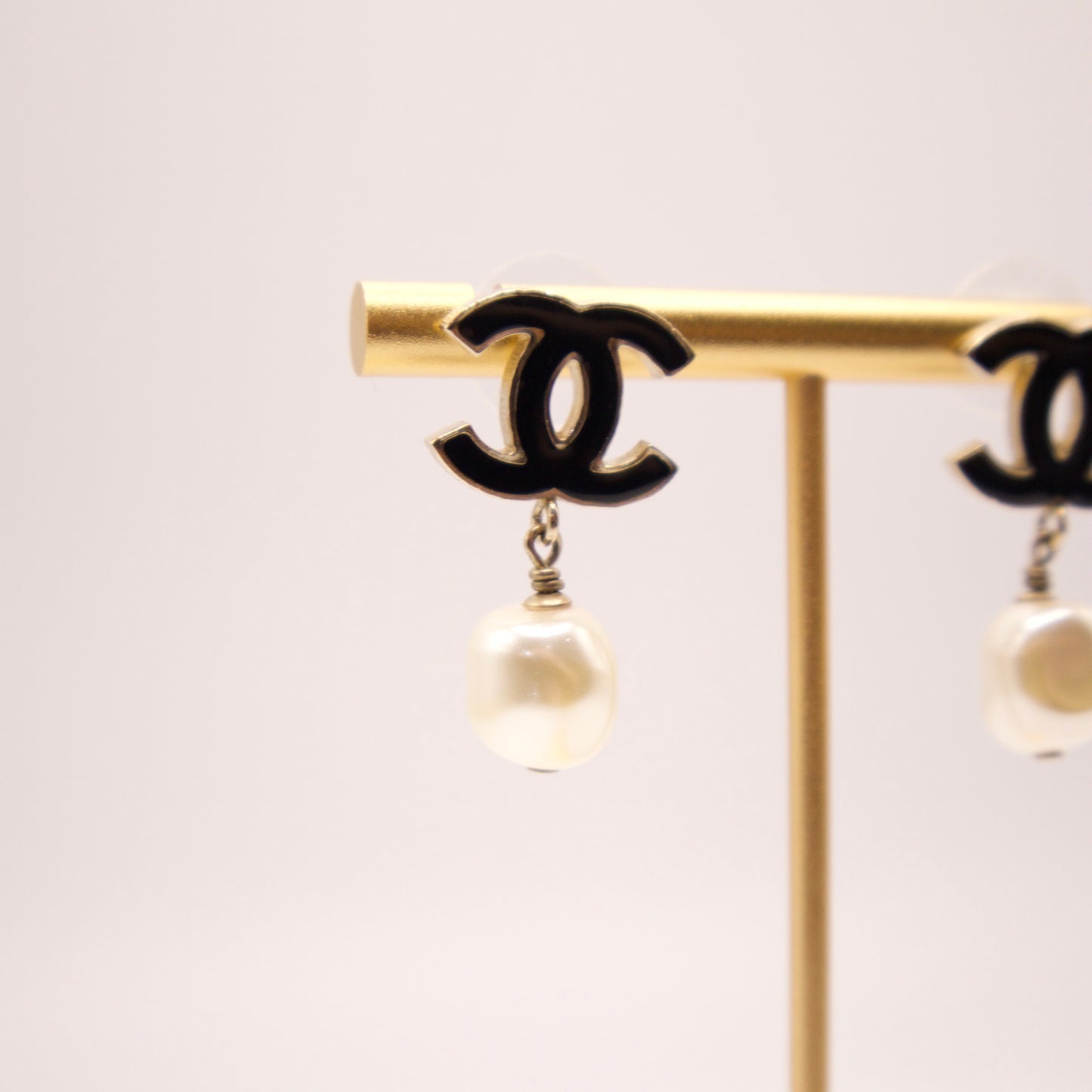 Chanel Black CC Interlocking Pearl Drop Earrings