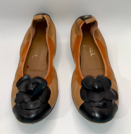 Chanel Tan Ballerines with Black Cap Toe and Flower