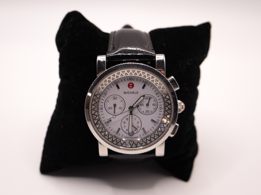 Michelle Sport Sail Diamond Face Watch with Black Leather Band
