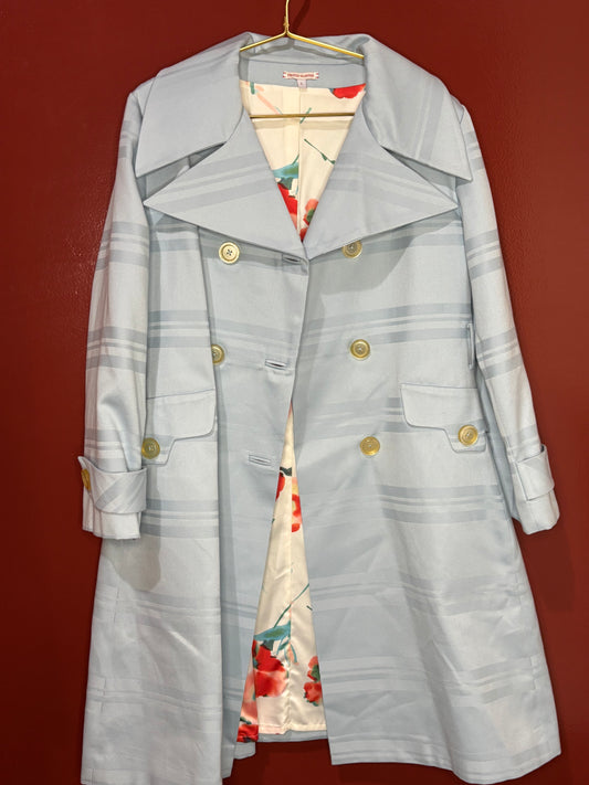 Frances Valentine Blue Striped Trench Coat L