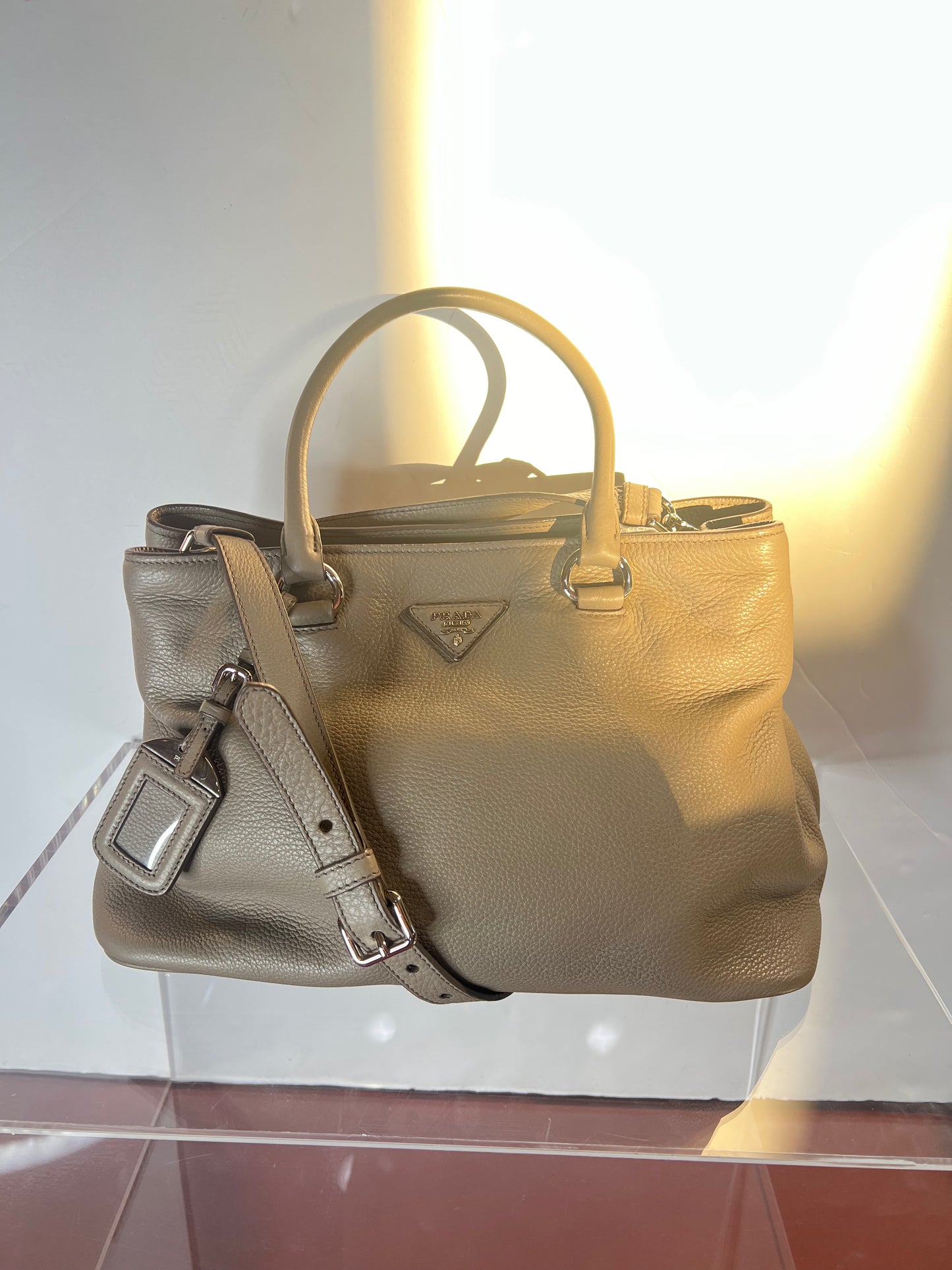 Prada Double Zip Leather Handbag Grey