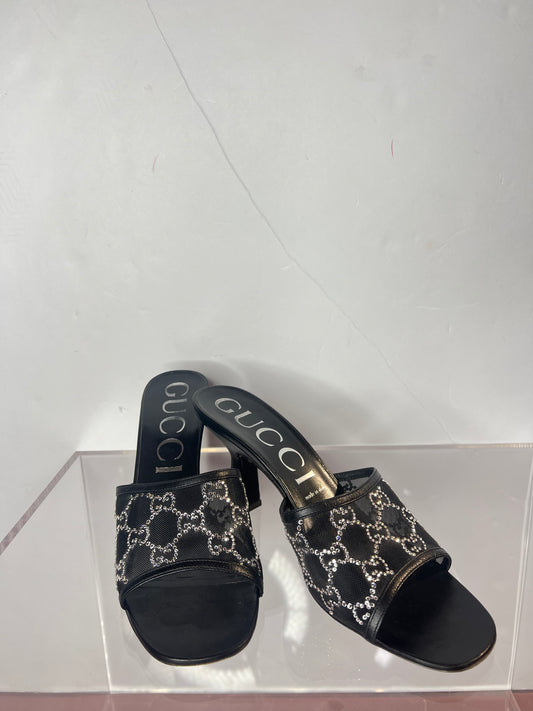 Gucci Monogram Dumi Rhinestone Crystal Mesh Mules 41