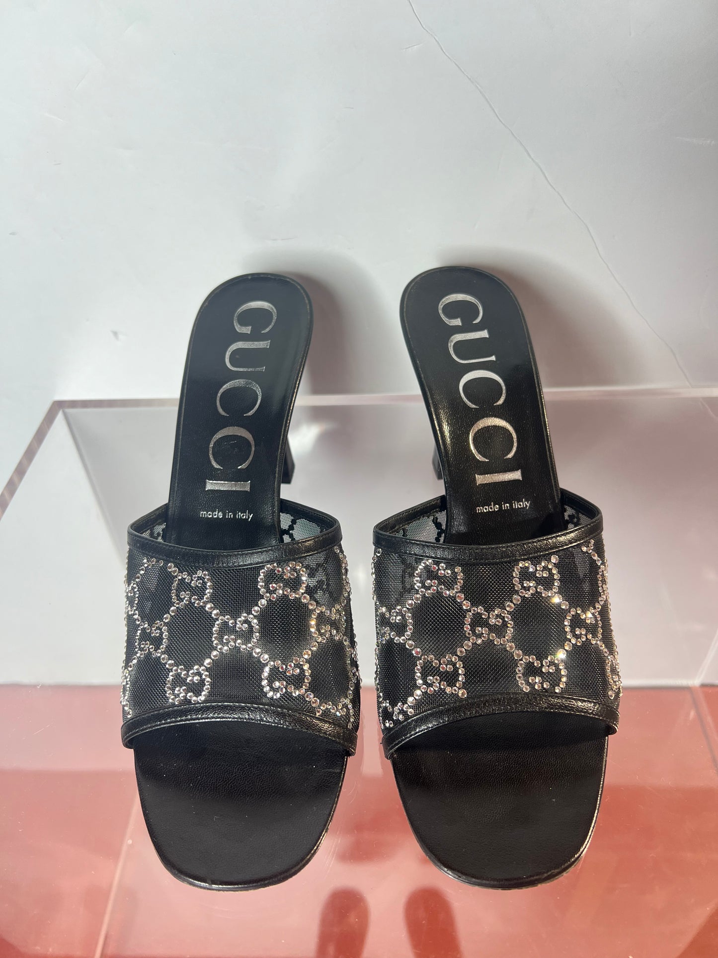 Gucci Monogram Dumi Rhinestone Crystal Mesh Mules 41