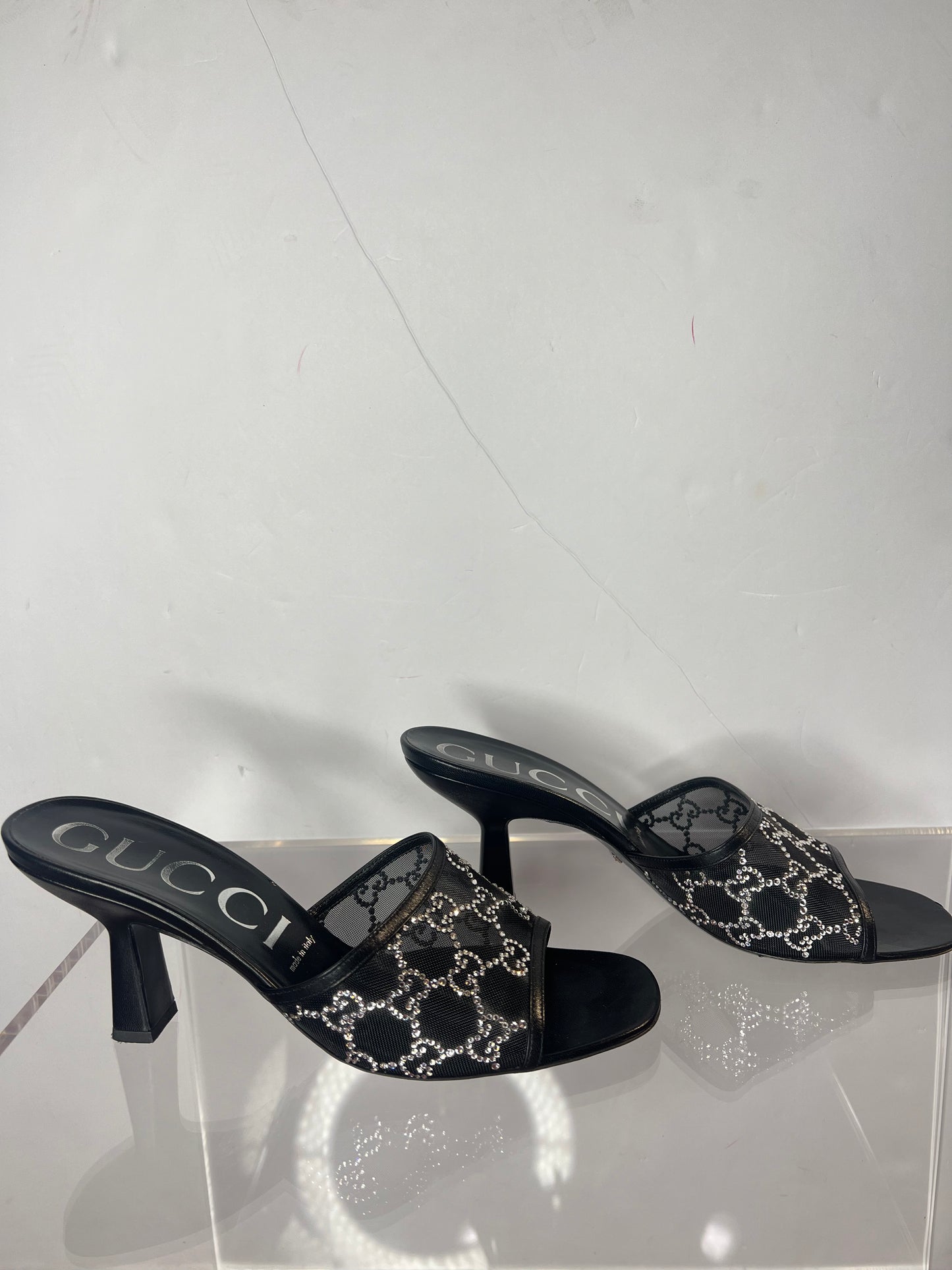 Gucci Monogram Dumi Rhinestone Crystal Mesh Mules 41