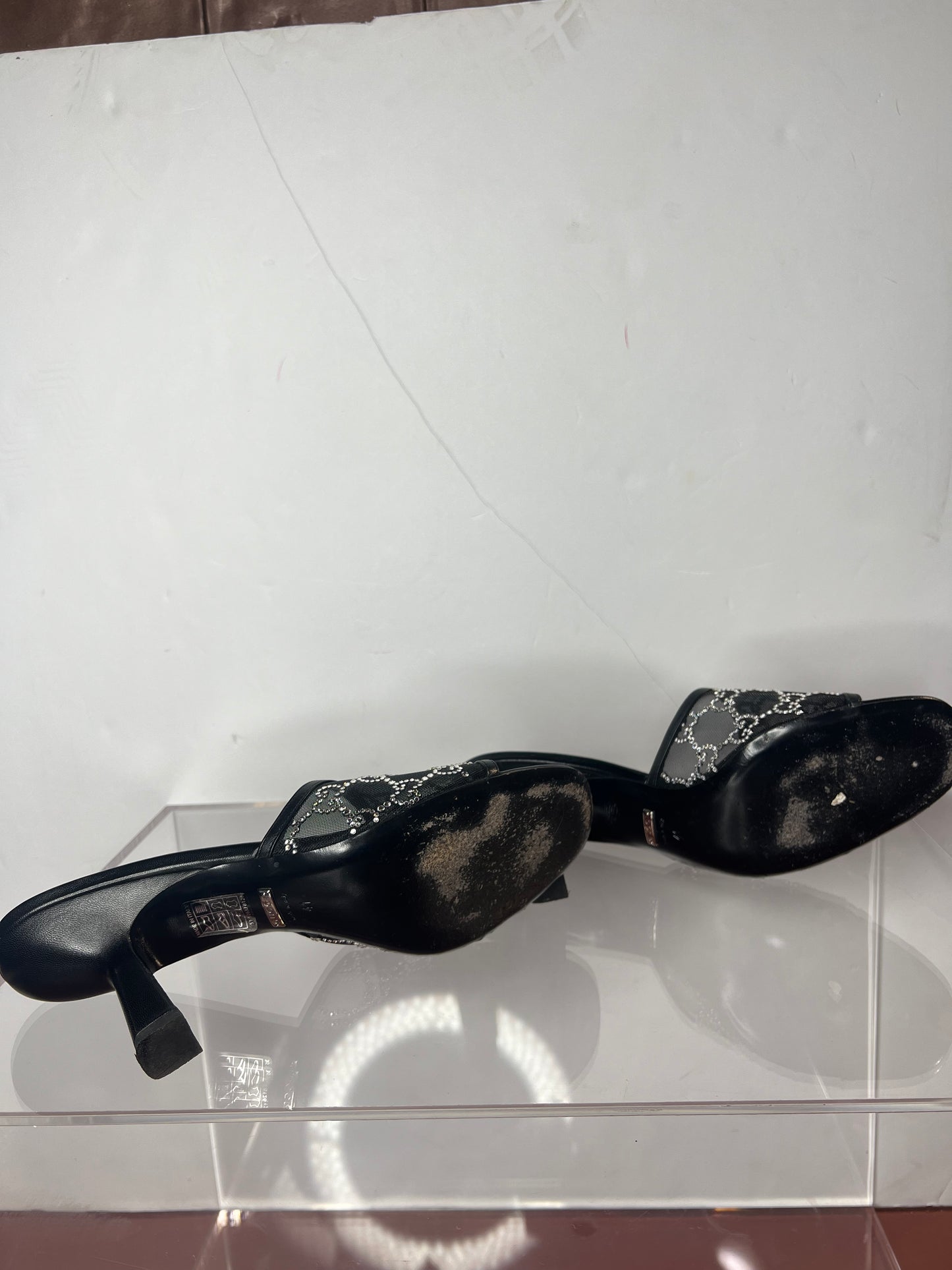 Gucci Monogram Dumi Rhinestone Crystal Mesh Mules 41