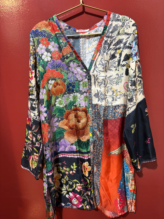 Johnny Was Silk Patterned Long Sleeve Dress L