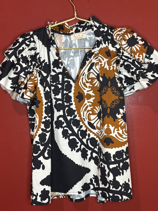 So Sia Black/Orange Patterned Top M
