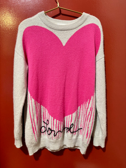 Kerri R Cashmere Grey Pink Heart Sweater S