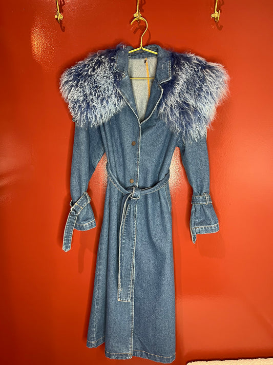 Long Denim Trench W/ Mongolian Sheep Fur Collar S/M