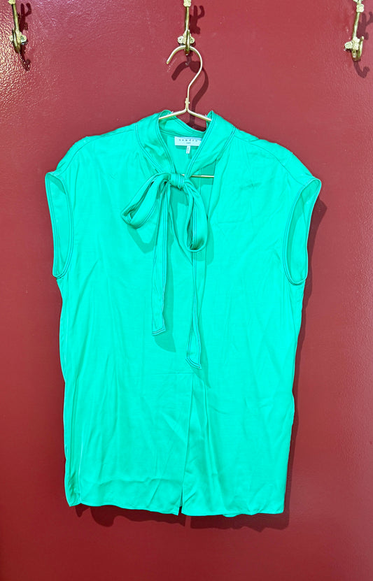 Sandro Green Silk Sleeveless Tie Neck Top L