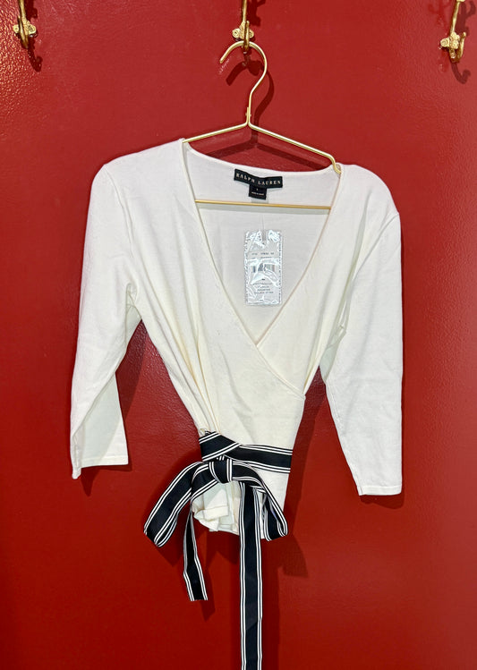 Ralph Lauren Black label V-Neck White/Black Tie Crop Top L