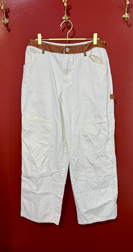 Staud Wide Leg Ivory with Leather Band Pant L/10