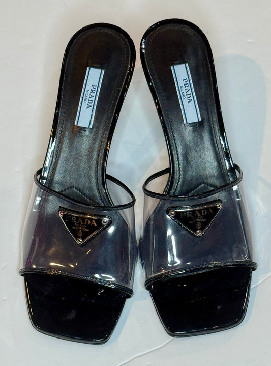Prada Black Logo PVC Mule 37.5