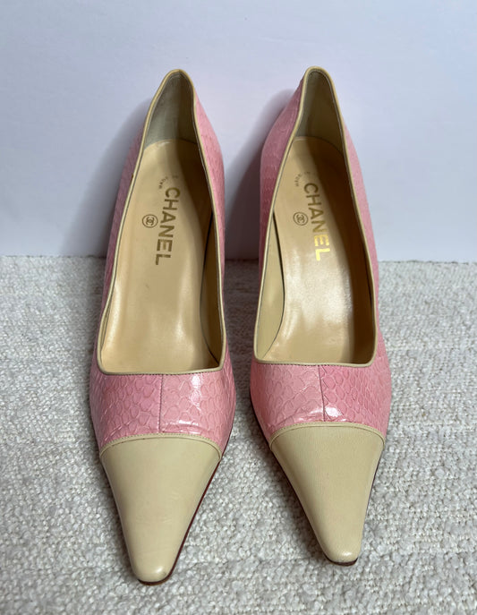 Chanel Pink Snakeskin Heels 38 1/2